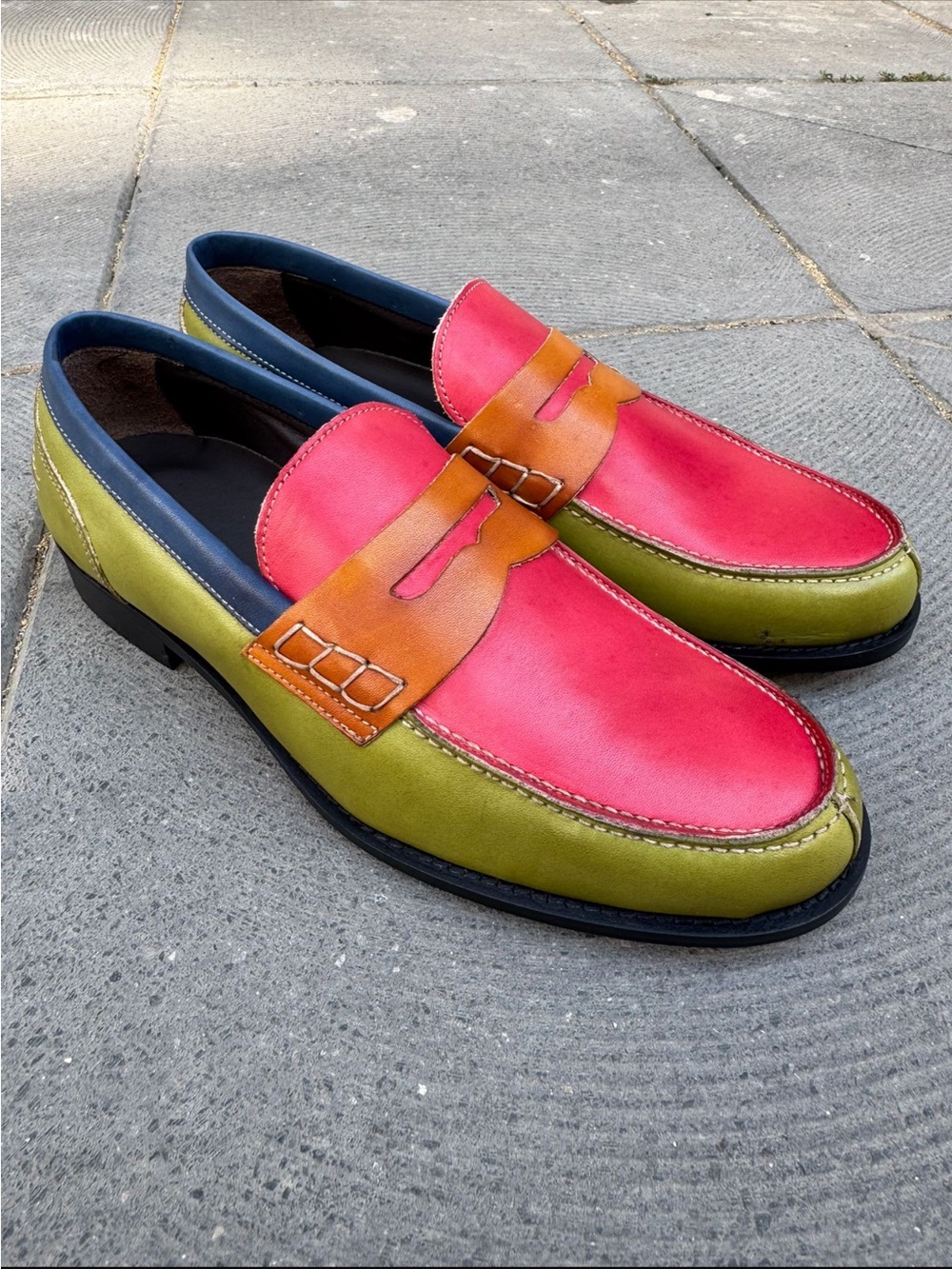 Men's Colorblock Leather Loafers in Pink, Olive & Tan - Picture 3 of 3